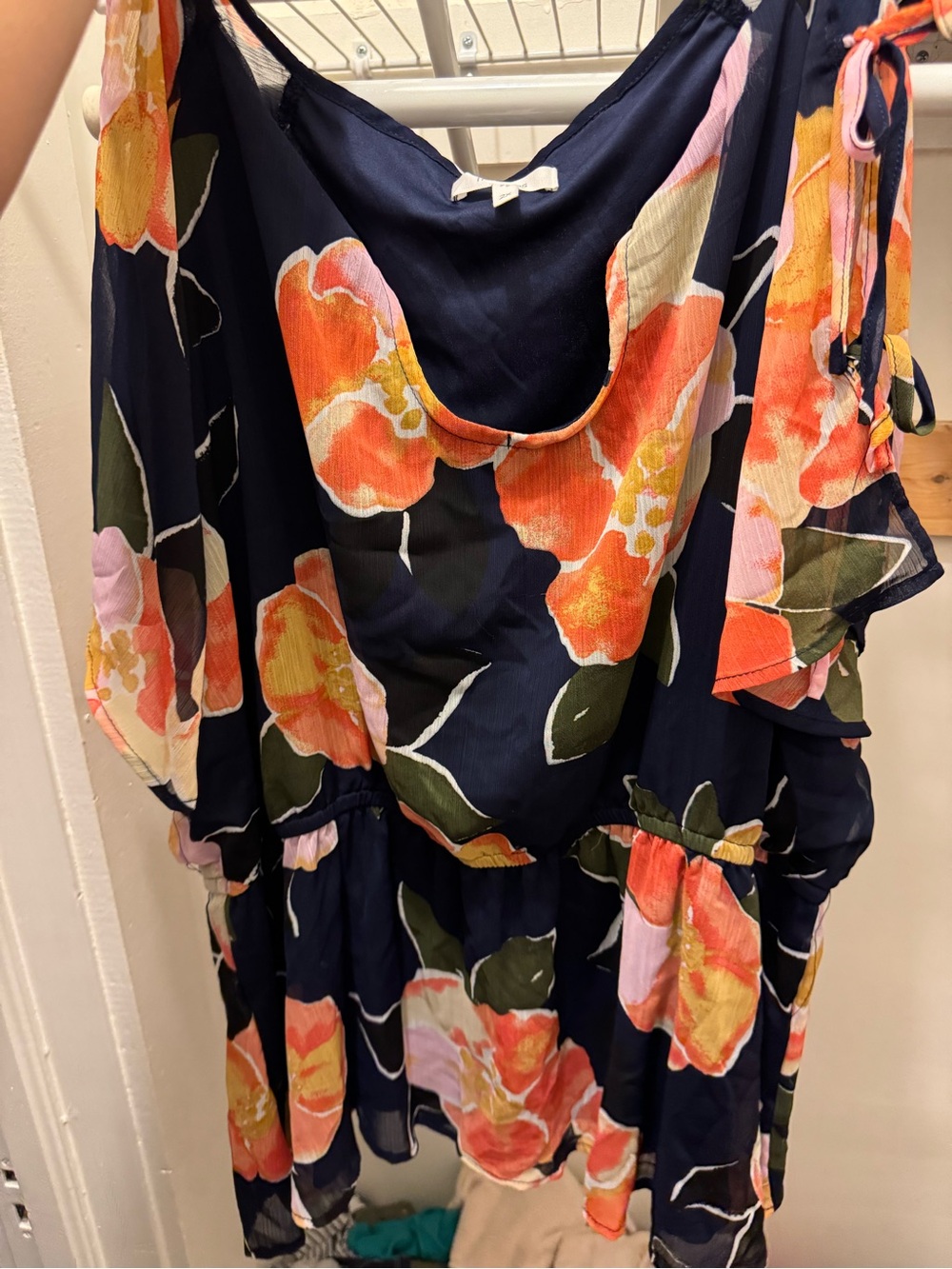 Maurices Navy Floral Tie-Shoulder Blouse with Orange & Pink Blooms